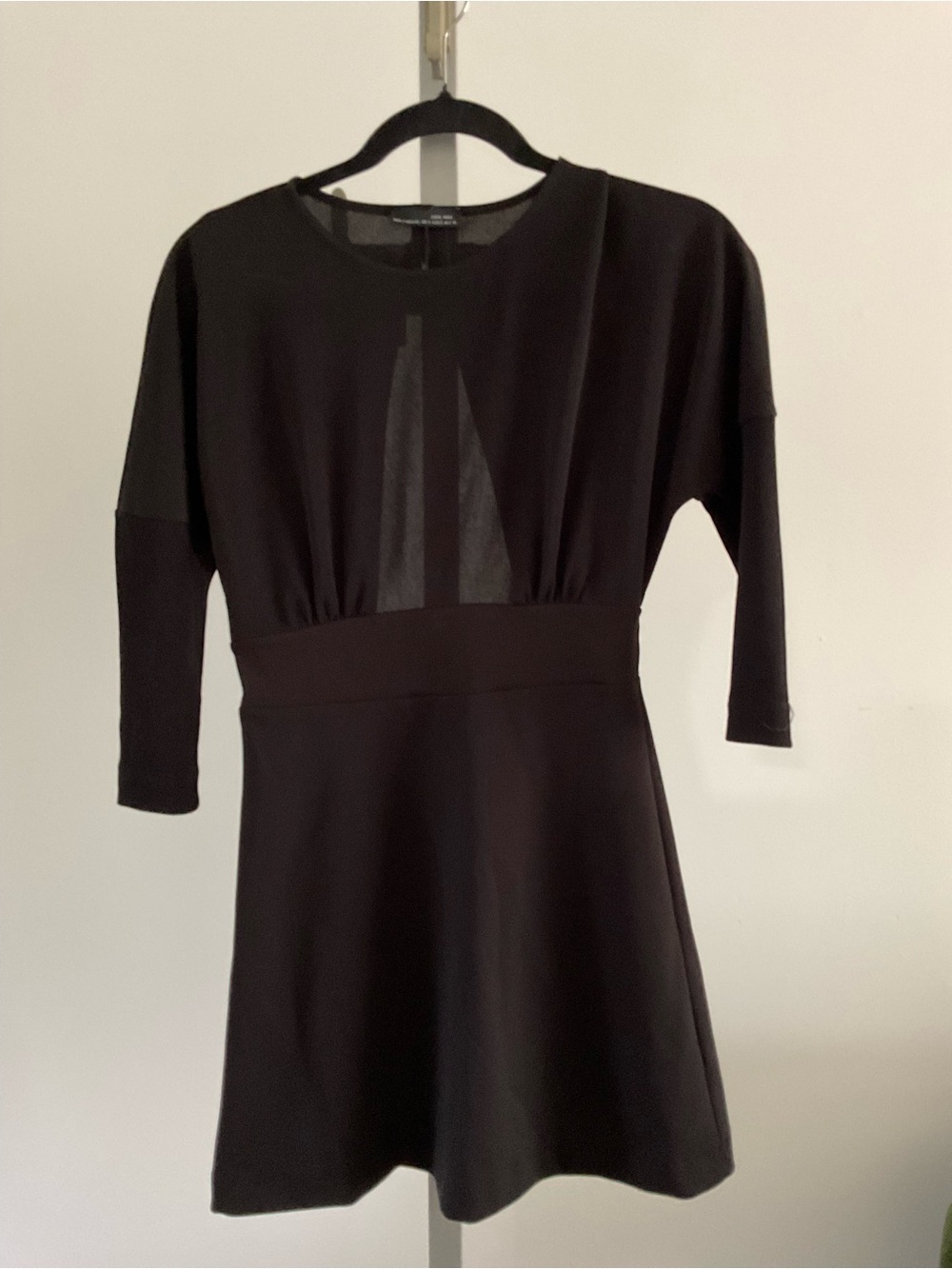 Zara Black Long Sleeve Fit-and-Flare Dress with Sheer Panel